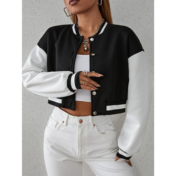 Drop Shoulder Two Tone Crop Bomber Jacket preppy black white - Picture 5 of 11